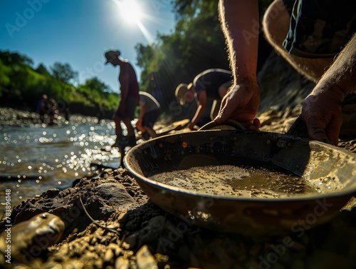 Gold Panning, wornout pan, hopeful miners sifting through river sediment, under a sweltering sun, photography, backlighting, depth of field bokeh effect, Wormseye view