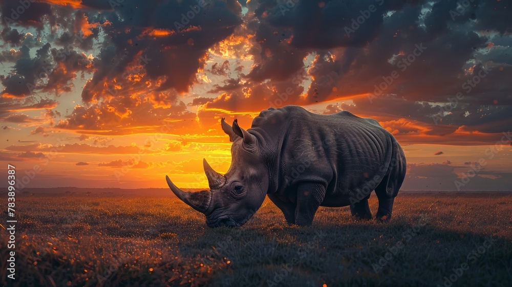 Fototapeta premium Lone Northern White Rhinoceros at Sunset
