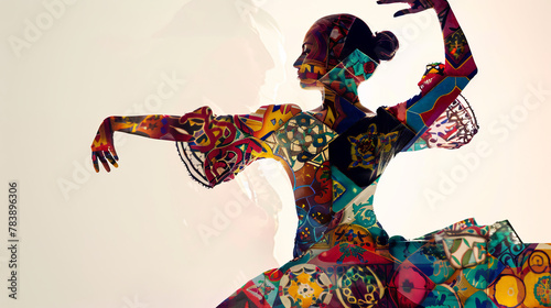 Double exposure of a flamenco dancer with their body formed from vibrant Spanish tiles and patterns, capturing the cultural energy of dance