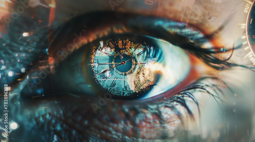 Double exposure of a human eye with a clock face inside the pupil, a metaphor for the fleeting nature of time