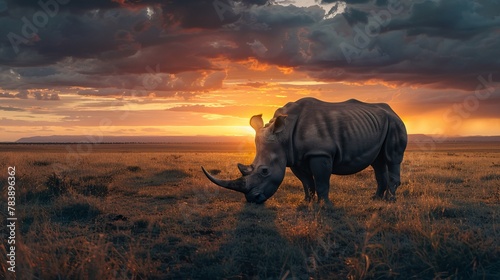 Lone Northern White Rhinoceros at Sunset photo