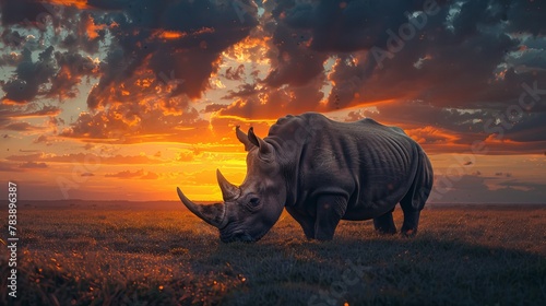 Lone Northern White Rhinoceros at Sunset