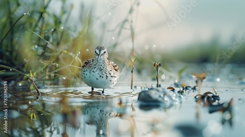 Unique Spoon-Billed Sandpiper in Shallow Water