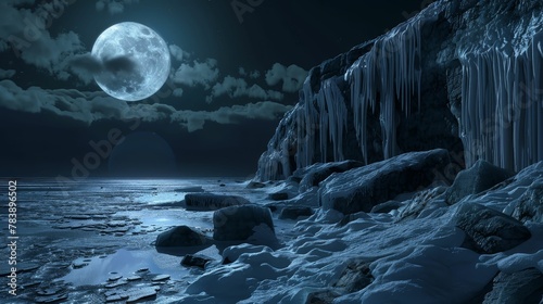 Ice, frozen tears glistening under ethereal moonlight, a forlorn beauty encapsulated in an icy landscape of solitude and contemplation 3D render, Silhouette lighting, HDR, Highangle view photo