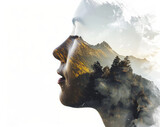 Double exposure photography of woman's portrait and mountain, white background, sharp focus on the face, double layered