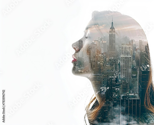 Double exposure photography of a woman and cityscape, with a white background, stock photo, in the minimalist style