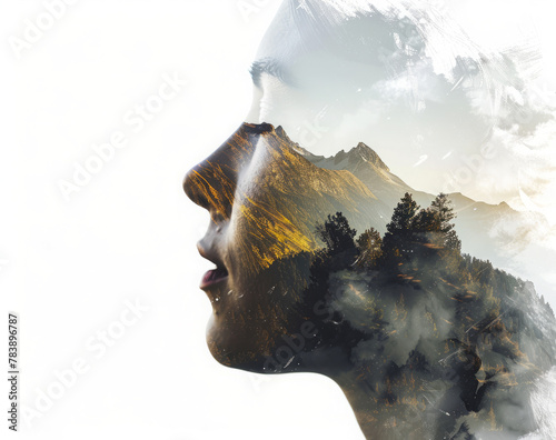 Double exposure photography of woman's portrait and mountain, white background, sharp focus on the face, double layered