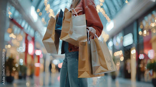 Close up of a woman holding shopping bags in the shopping mall Close up of a woman holding shopping. photo