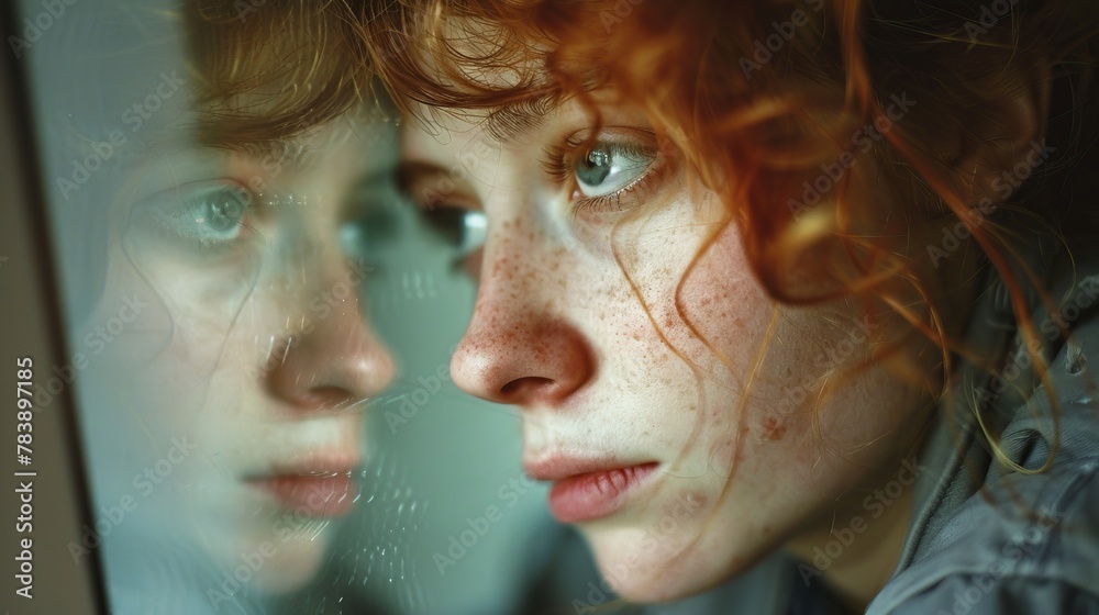 Woman Avoiding Reflection in Mirror