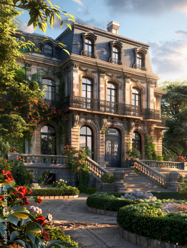Elegant French Chateau SurroundedBeautiful Manicured Gardens EnhancedTopaz Plugin