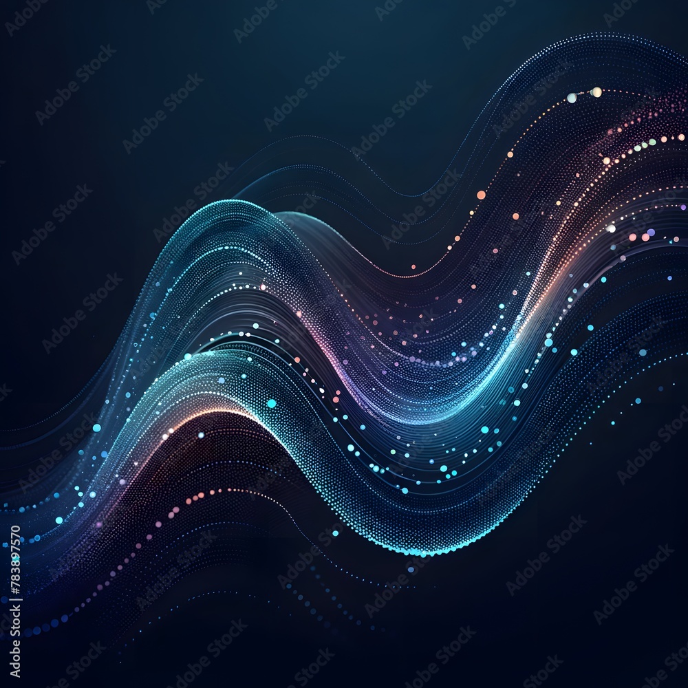 Abstract pattern with glowing waveforms made of particles, conveying a sense of digital fluidity and motion.
 - obrazy, fototapety, plakaty 
