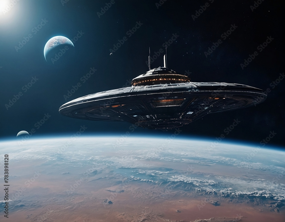 Obraz premium spaceship orbiting a distant planet