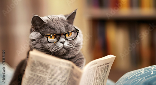 A cat with glasses reads a news paper