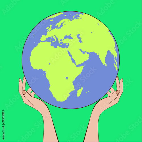 International Earth Day.  Hands holding globe, earth.  Eco concept. Environmental problems and environmental protection. Vector illustration. 