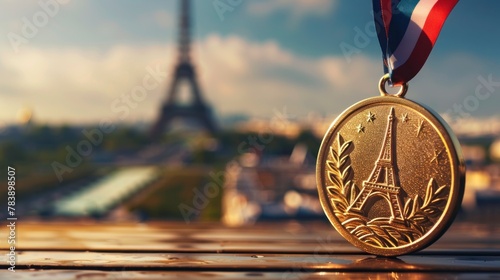 Olympic gold medal with drawing of the Eiffel Tower with the Eiffel Tower in the background © Marco