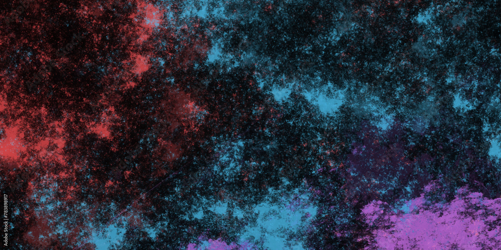 Star field background Aquamarine and red dark, blue and purple nebula universe. Cosmic neon light blue watercolor background aquarelle deep black Paper textured. Fantastic outer view space