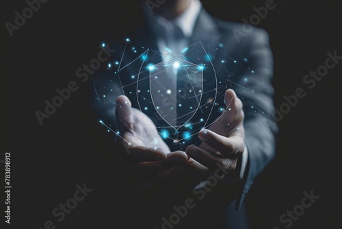 cyber security concept. Businessman holding a protection icon. confidentiality of data protection. Computer network security protection. transparent background. generative ai photo