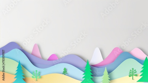 Colorful paper art forest and mountains. A creative panoramic paper art of a forest with bright colored trees against white mountains and a backdrop. Great for christmas postcard design inspiration © MiniMaxi