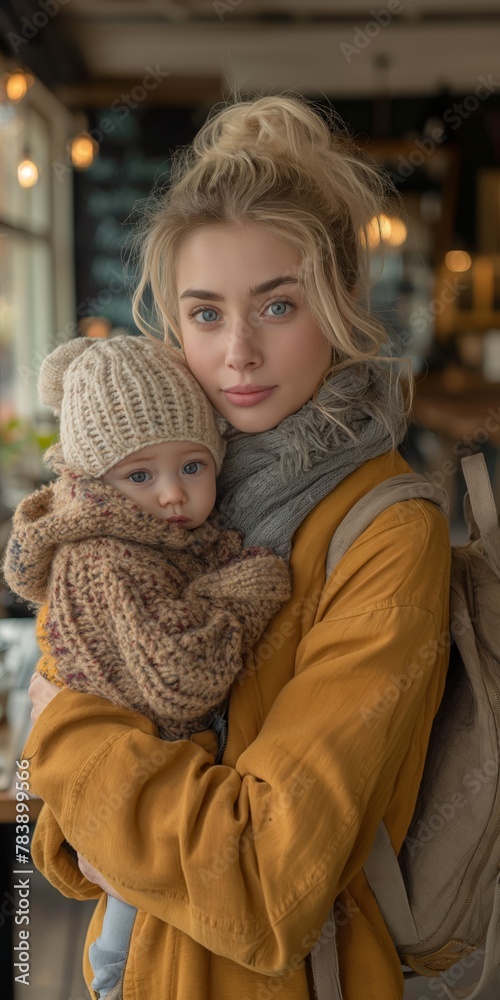 European mother held a six-month-old baby in one arm and on the table in a cafe created by ai European mother held a six-month-old baby in one arm and on the table in a cafe created by ai