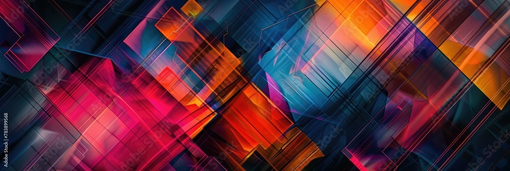 Dynamic blue and orange digital artwork - Stunning digital artwork with a dynamic mix of blue and orange hues intersecting at bold angles - obrazy, fototapety, plakaty 
