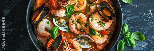 Exquisite seafood stew with fresh herbs - This image features an exquisite mix of seafood stew garnished with fresh herbs, highlighting the freshness of the ingredients photo