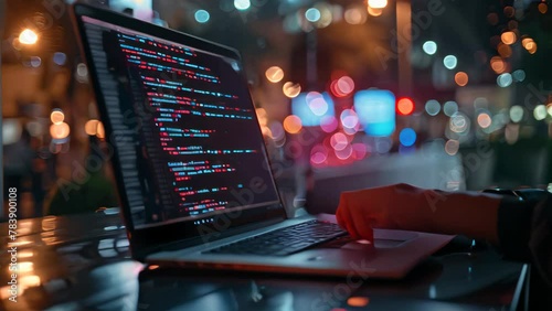 Close-up of a programmer's hands coding on a laptop at night with city lights in the background.  photo
