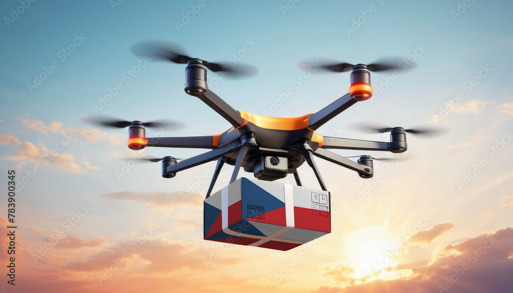 A drone delivers a box with a Czech flag. The concept of delivering goods, food from stores to the client’s home in the Czech. A drone delivers a box with a Czech flag. The concept of delivering goods, food from stores to the client’s home in the Czech.