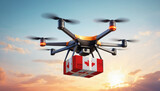 A drone delivers a box with a Canada flag. The concept of delivering goods, food from stores to the client’s home in the Canada.