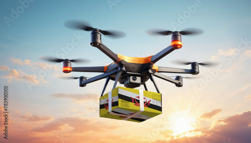 A drone delivers a box with a Brunei flag. The concept of delivering goods, food from stores to the client’s home in the Brunei.