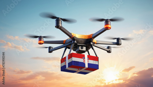 A drone delivers a box with a Croatia flag. The concept of delivering goods, food from stores to the client’s home in the Croatia.