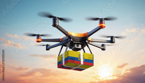 A drone delivers a box with a Ecuador flag. The concept of delivering goods, food from stores to the client’s home in the Ecuador.