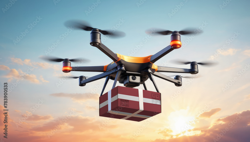 A drone delivers a box with a Latvia flag. The concept of delivering goods, food from stores to the client’s home in the Latvia. A drone delivers a box with a Latvia flag. The concept of delivering goods, food from stores to the client’s home in the Latvia.