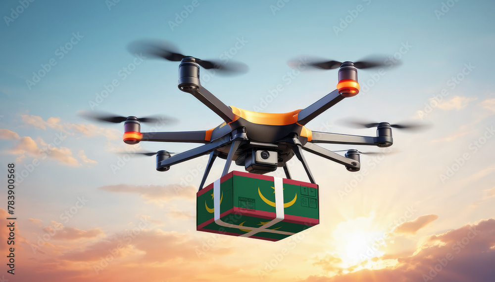 A drone delivers a box with a Mauritania flag. The concept of delivering goods, food from stores to the client’s home in the Mauritania. A drone delivers a box with a Mauritania flag. The concept of delivering goods, food from stores to the client’s home in the Mauritania.