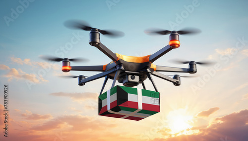 A drone delivers a box with a Kuwait flag. The concept of delivering goods, food from stores to the client’s home in the Kuwait.