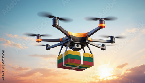 A drone delivers a box with a Lithuania flag. The concept of delivering goods, food from stores to the client’s home in the Lithuania.