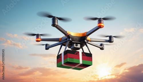 A drone delivers a box with a Malawi flag. The concept of delivering goods, food from stores to the client’s home in the Malawi.