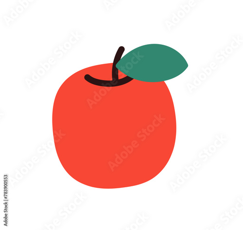 Fresh apple and leaves, natural organic snack, healthy vitamin food, whole ripe fruit with stem, natural ripe eating food, garden fruit flat vector illustration.