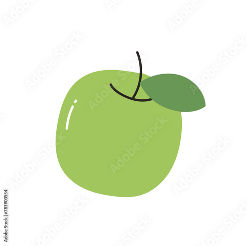 Fresh apple and leaves, natural organic snack, healthy vitamin food, whole ripe fruit with stem, natural ripe eating food, garden fruit flat vector illustration.