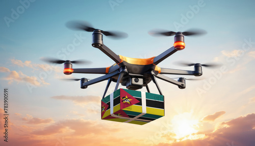 A drone delivers a box with a Mozambique flag. The concept of delivering goods, food from stores to the client’s home in the Mozambique.