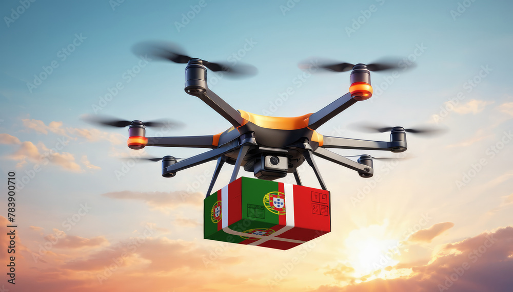 A drone delivers a box with a Portugal flag. The concept of delivering goods, food from stores to the client’s home in the Portugal. A drone delivers a box with a Portugal flag. The concept of delivering goods, food from stores to the client’s home in the Portugal.