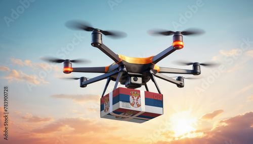 A drone delivers a box with a Serbia flag. The concept of delivering goods, food from stores to the client’s home in the Serbia.