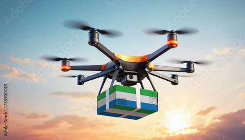 A drone delivers a box with a Sierra Leone flag. The concept of delivering goods, food from stores to the client’s home in the Sierra Leone.