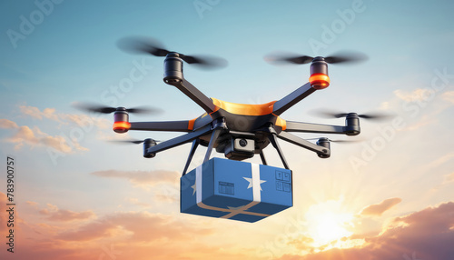 A drone delivers a box with a Somalia flag. The concept of delivering goods, food from stores to the client’s home in the Somalia.