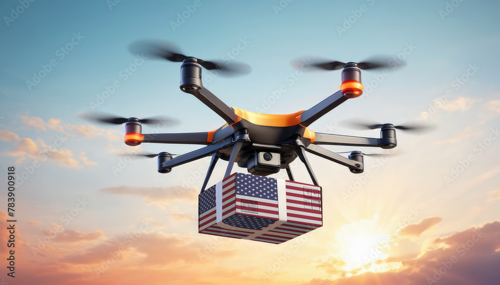 A drone delivers a box with a USA flag. The concept of delivering goods, food from stores to the client’s home in the USA. A drone delivers a box with a USA flag. The concept of delivering goods, food from stores to the client’s home in the USA.