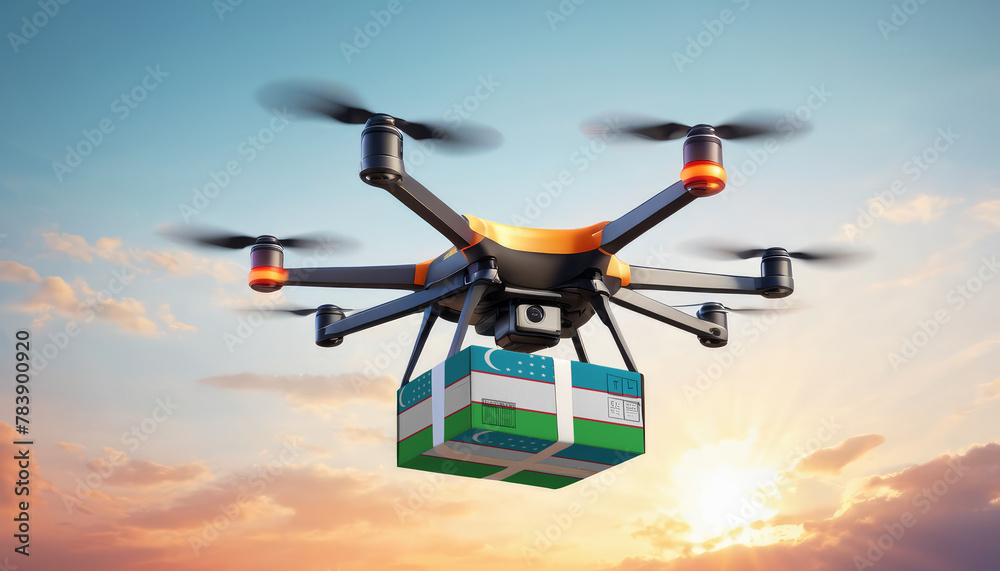 A drone delivers a box with a Uzbekistan flag. The concept of delivering goods, food from stores to the client’s home in the Uzbekistan. A drone delivers a box with a Uzbekistan flag. The concept of delivering goods, food from stores to the client’s home in the Uzbekistan.