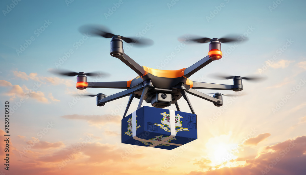 A drone delivers a box with a Connecticut flag. The concept of delivering goods, food from stores to the client’s home in the Connecticut. A drone delivers a box with a Connecticut flag. The concept of delivering goods, food from stores to the client’s home in the Connecticut.