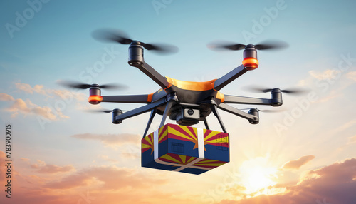 A drone delivers a box with a Arizona flag. The concept of delivering goods, food from stores to the client’s home in the Arizona.