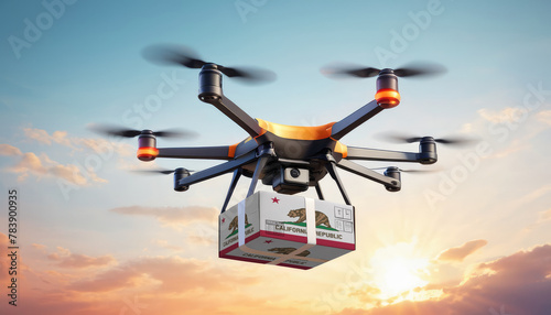 A drone delivers a box with a California flag. The concept of delivering goods, food from stores to the client’s home in the California.