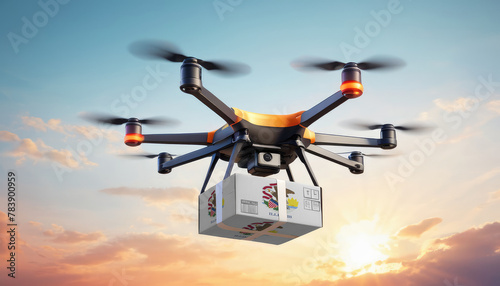 A drone delivers a box with a Illinois flag. The concept of delivering goods, food from stores to the client’s home in the Illinois.