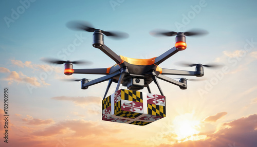 A drone delivers a box with a Maryland flag. The concept of delivering goods, food from stores to the client’s home in the Maryland. photo